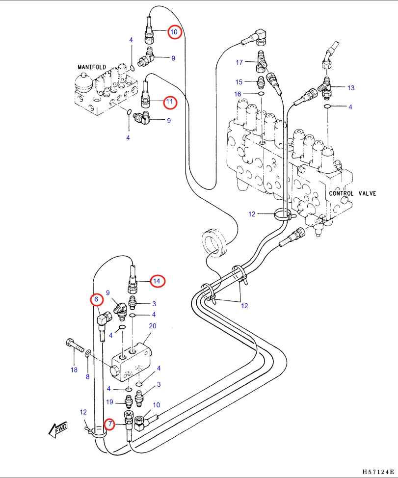 Caterpillar CAT®318B N installation diagram showing hydraulic hose 108-7139 at Pipe No. 7