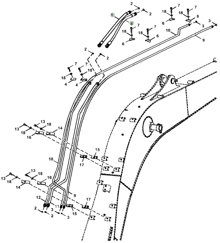 Hitachi ZX130-5G installation diagram showing hydraulic hose 4658964 at Pipe No. 1