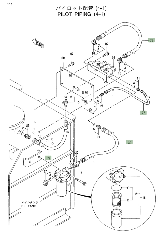 Hitachi EX450LC-5 installation diagram showing hydraulic hose 4366756 at Pipe No. 78