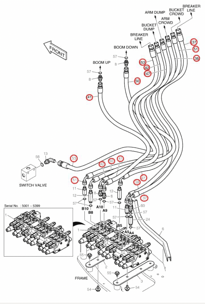 Doosan DX27Z installation diagram showing hydraulic hose DS2093309 at Pipe No. 42