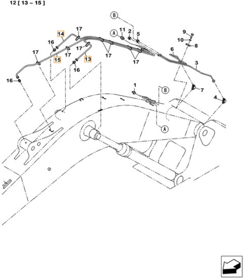 Case CX380C-8 LC installation diagram showing hydraulic hose KHJ2174 at Pipe No. 14