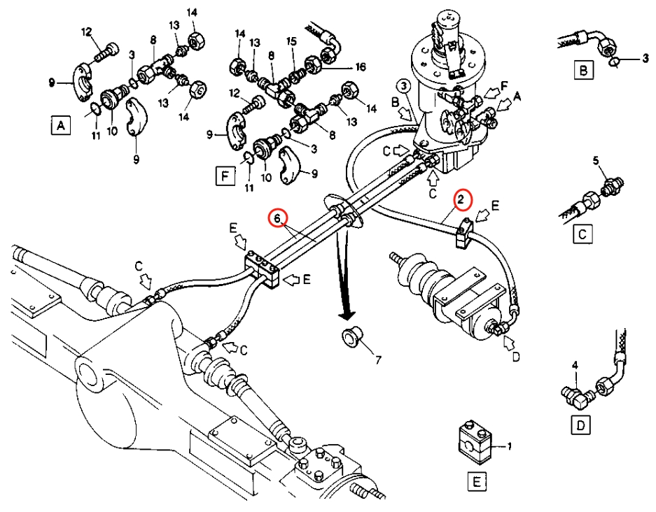 Caterpillar CAT®224B installation diagram showing hydraulic hose 8U-3100 at Pipe No. 6