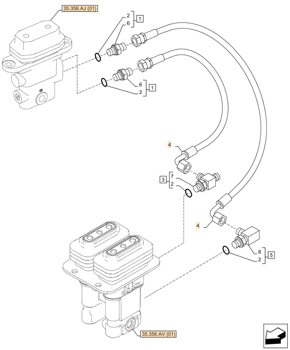 Case CX370D LC installation diagram showing hydraulic hose KHJ2180 at Pipe No. 4