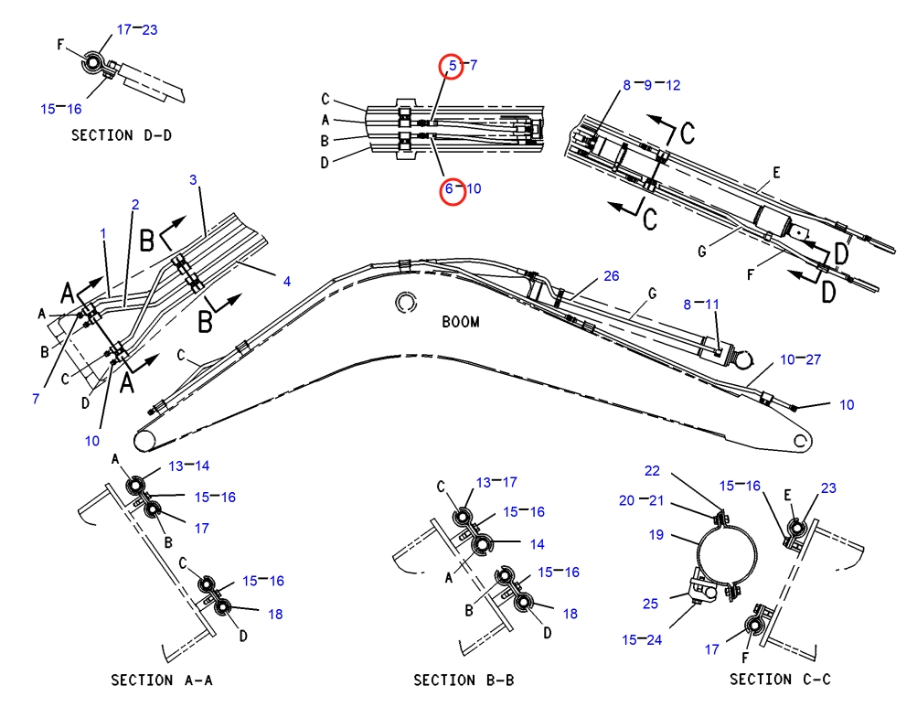 Caterpillar CAT®317-A installation diagram showing hydraulic hose 4I-3820 at Pipe No. 6