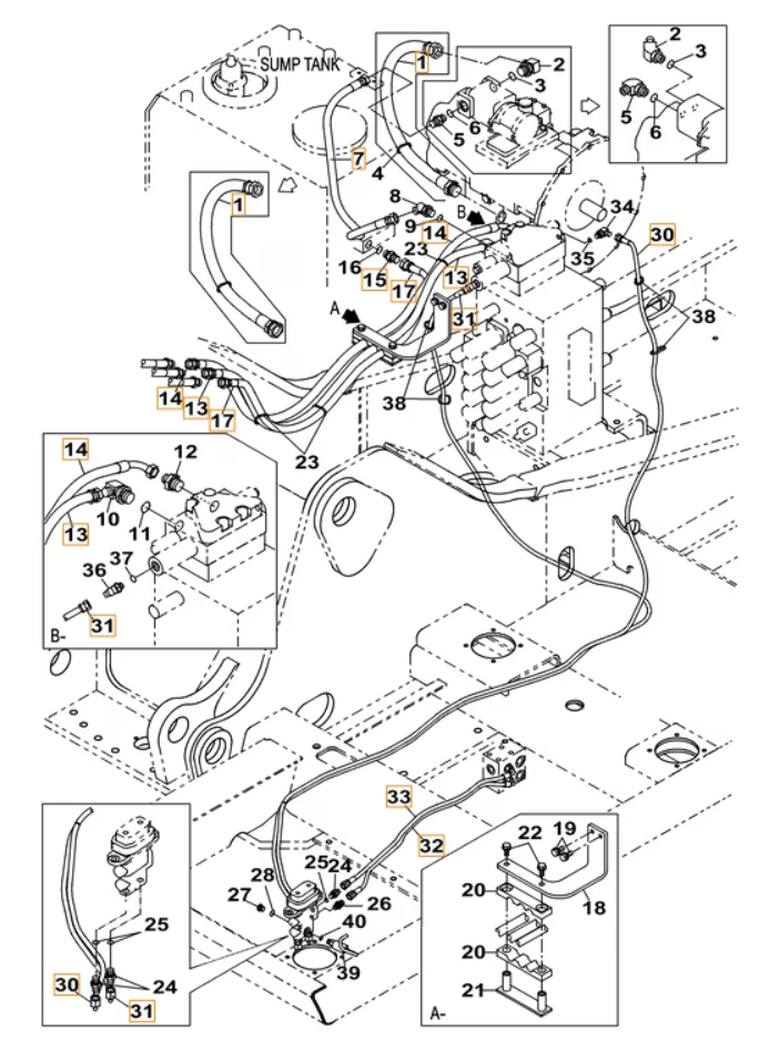 Case CX220B installation diagram showing hydraulic hose KSJ2909 at Pipe No. 1