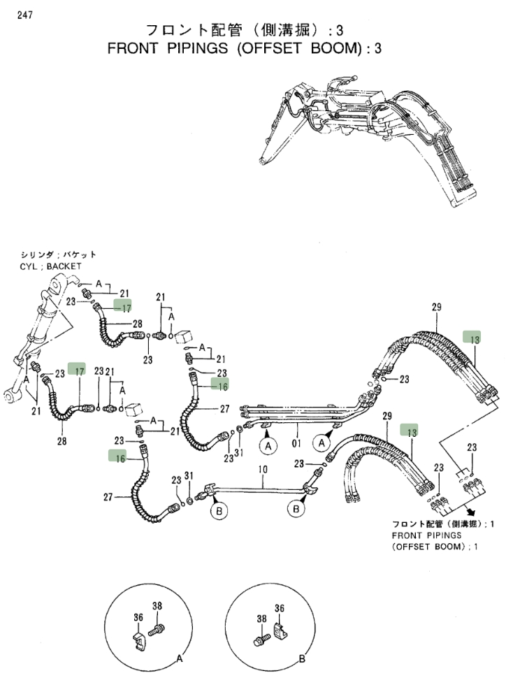 Hitachi EX100M-3 installation diagram showing hydraulic hose 4260263 at Pipe No. 13