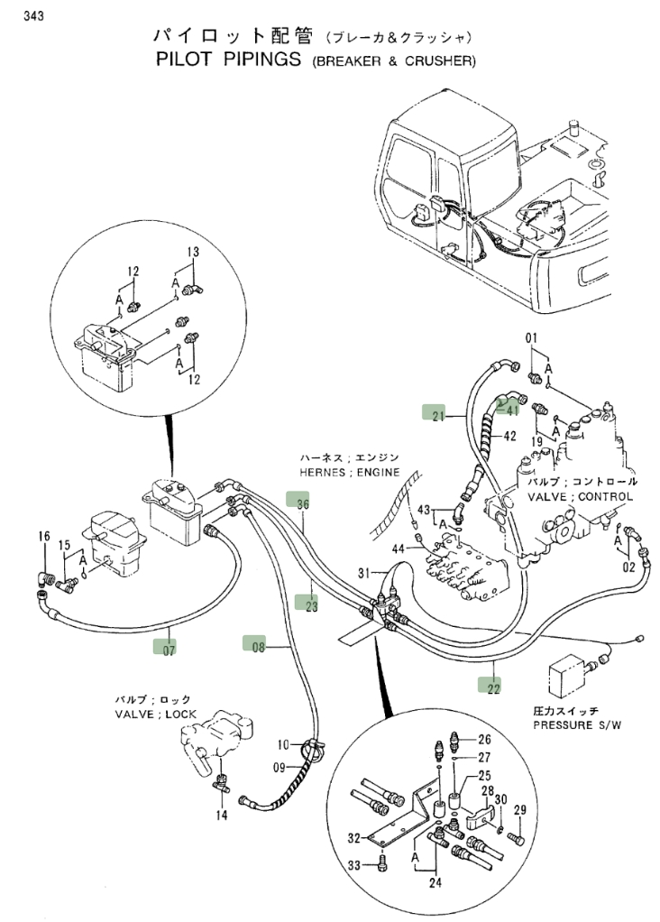 Hitachi EX100M-3 installation diagram showing hydraulic hose 4218001 at Pipe No. 7
