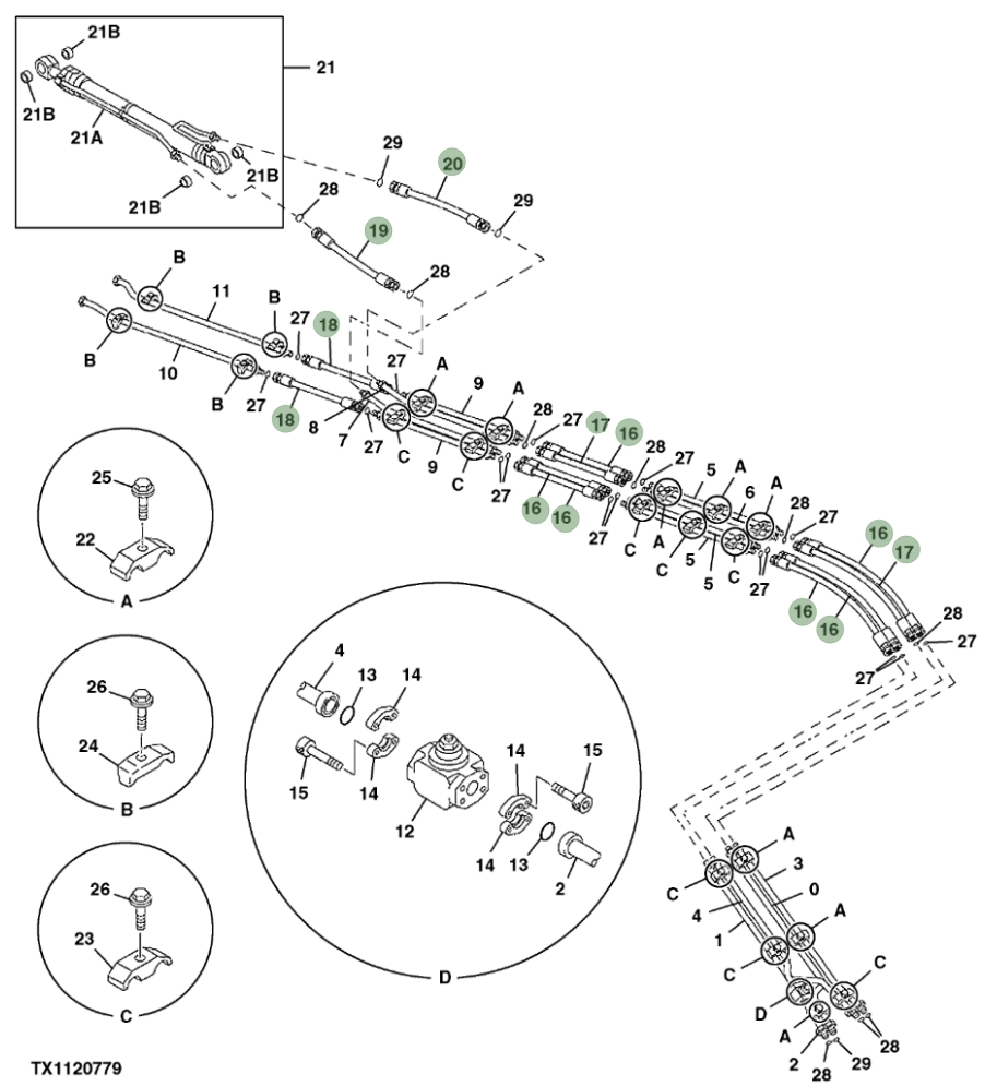 Hitachi ZX350LC-5N installation diagram showing hydraulic hose 4715621 at Pipe No. 17
