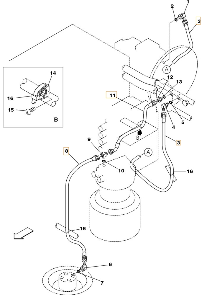 Case CX180 installation diagram showing hydraulic hose 159074A1 at Pipe No. 3