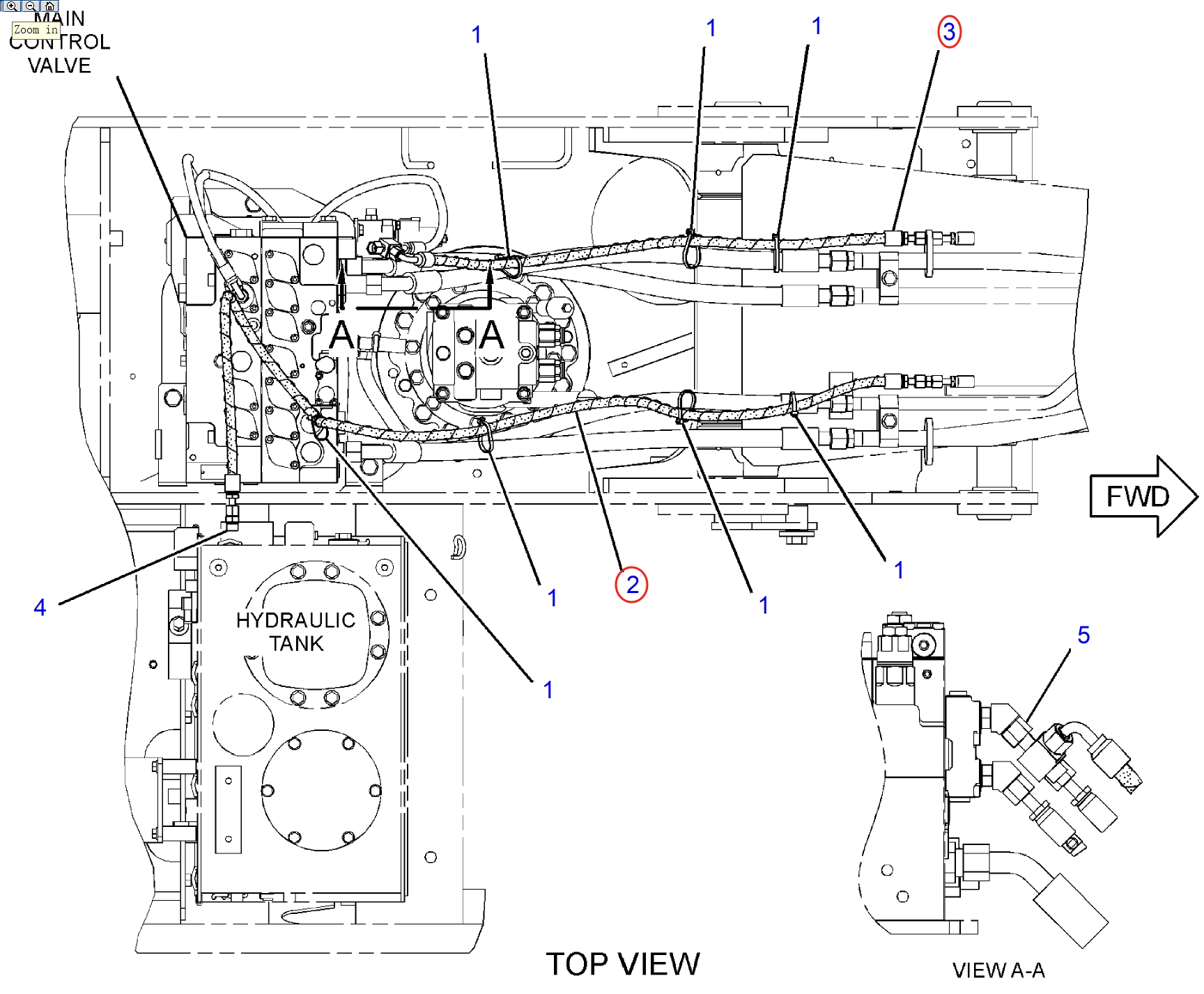 Caterpillar CAT®313F installation diagram showing hydraulic hose 320-0063 at Pipe No. 2