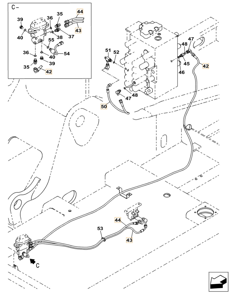 Case CX210C LC installation diagram showing hydraulic hose KHJ2309 at Pipe No. 50
