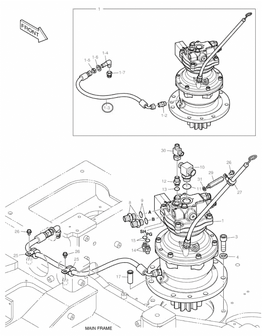 Doosan DX85R-3 installation diagram showing hydraulic hose DS2062025 at Pipe No. 1-3