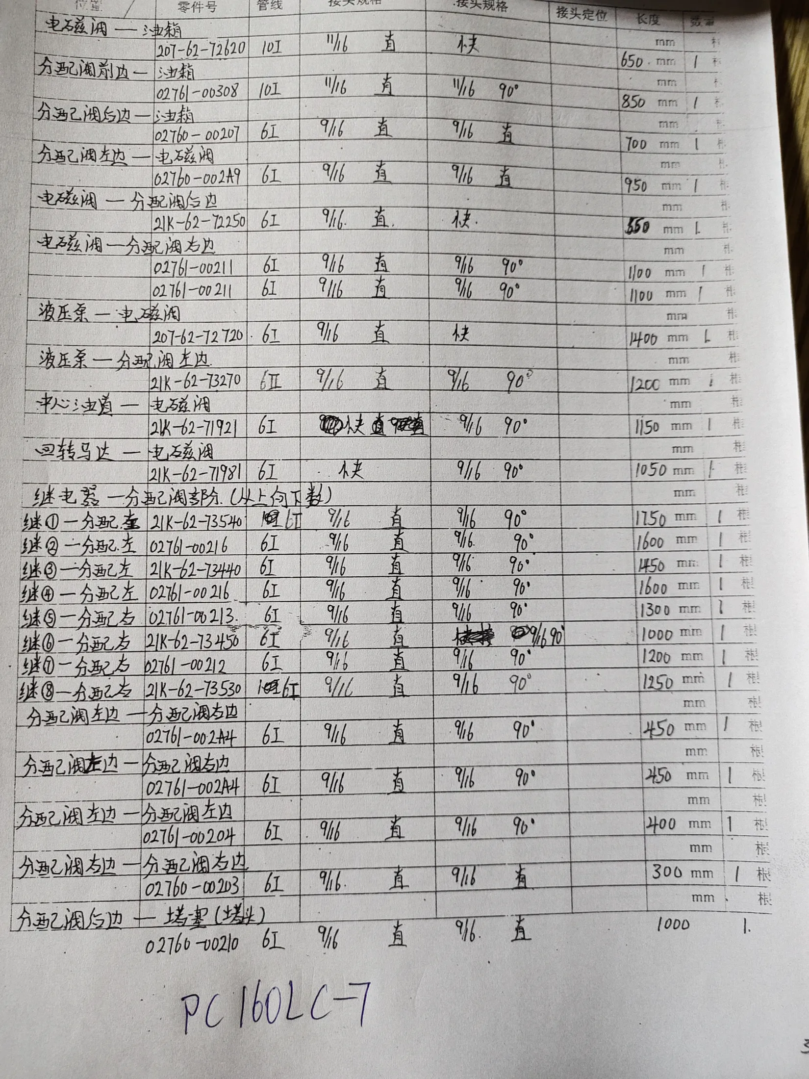 Komatsu 200L-8 hydraulic hose part numbers and recorded lengths — technician notebook page 6 of 7 — recorded hose parts 0276-002A4, 21K-62-71981, 21K-62-73270