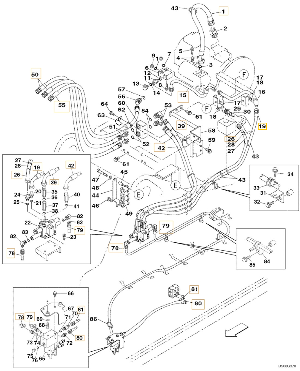 Case CX470B installation diagram showing hydraulic hose KHJ12230 at Pipe No. 79