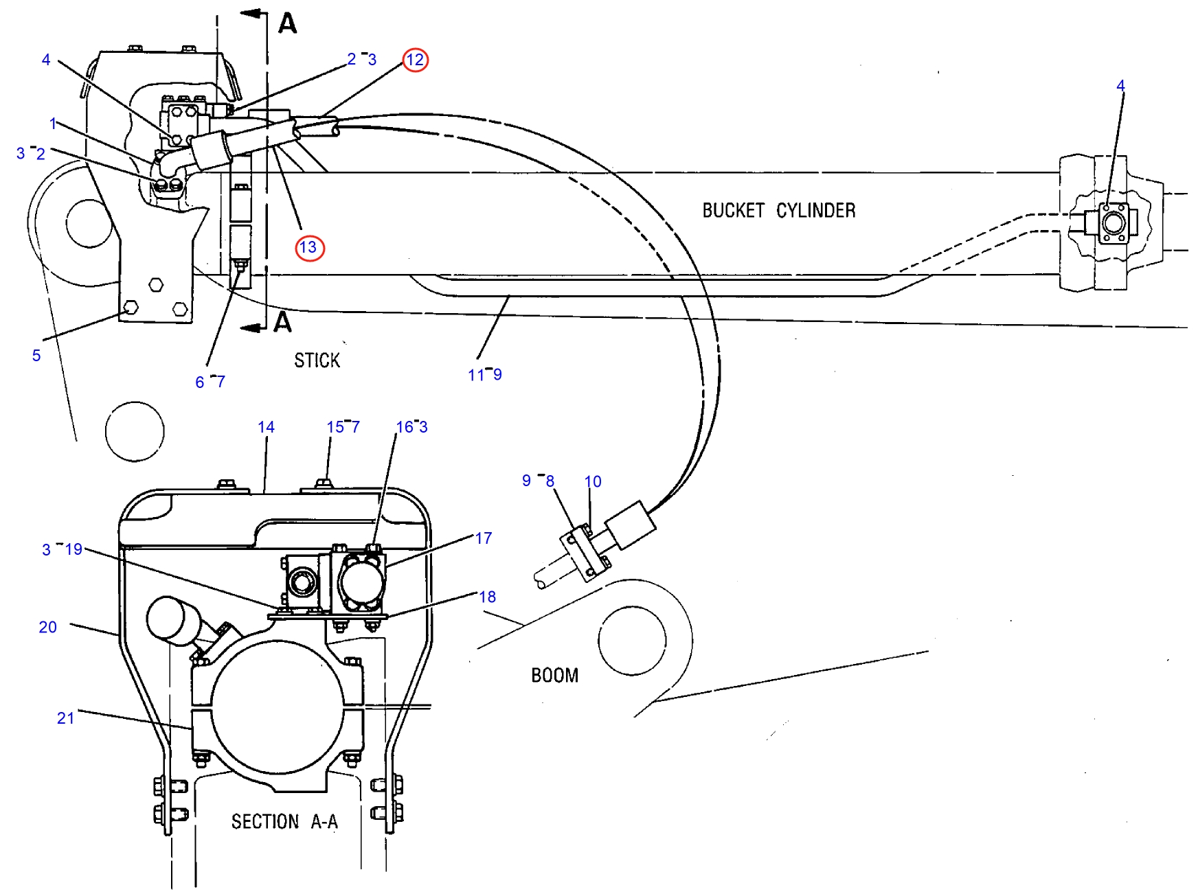 Caterpillar CAT®245 installation diagram showing hydraulic hose 8V-6563 at Pipe No. 12