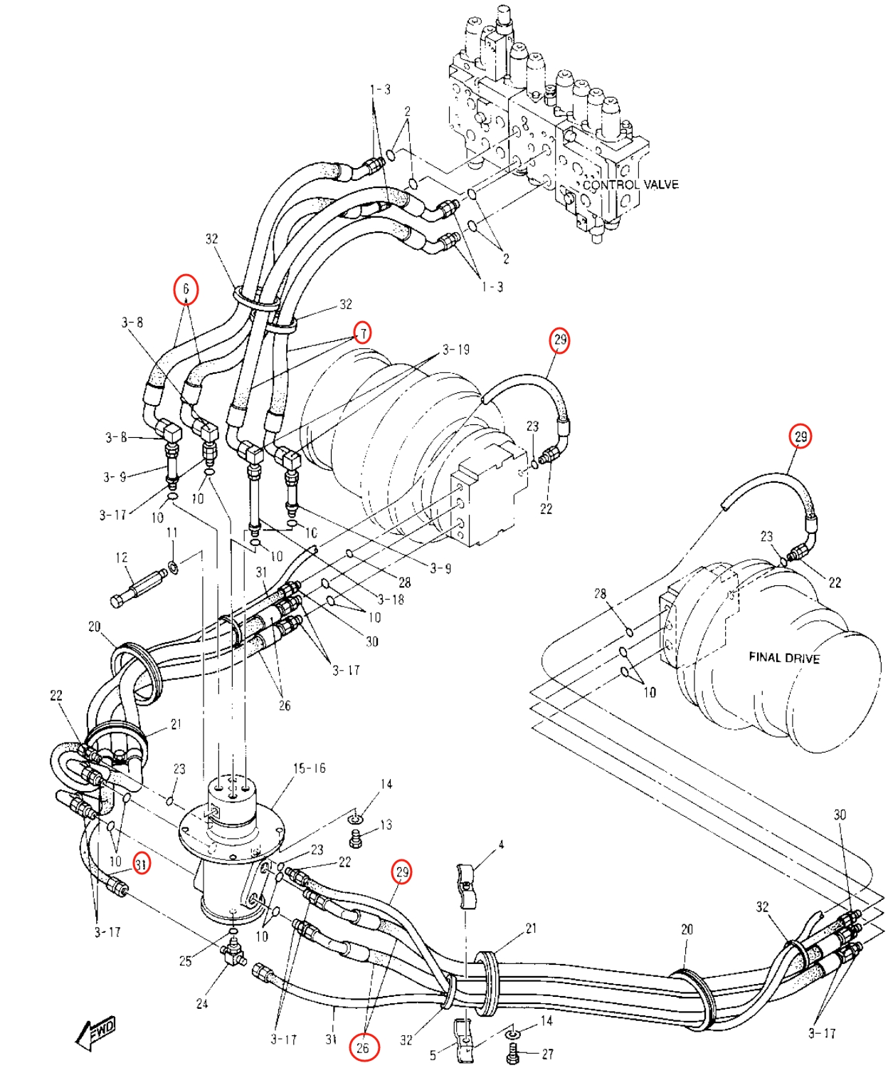 Caterpillar CAT®315-A L installation diagram showing hydraulic hose 5I-3127 at Pipe No. 31