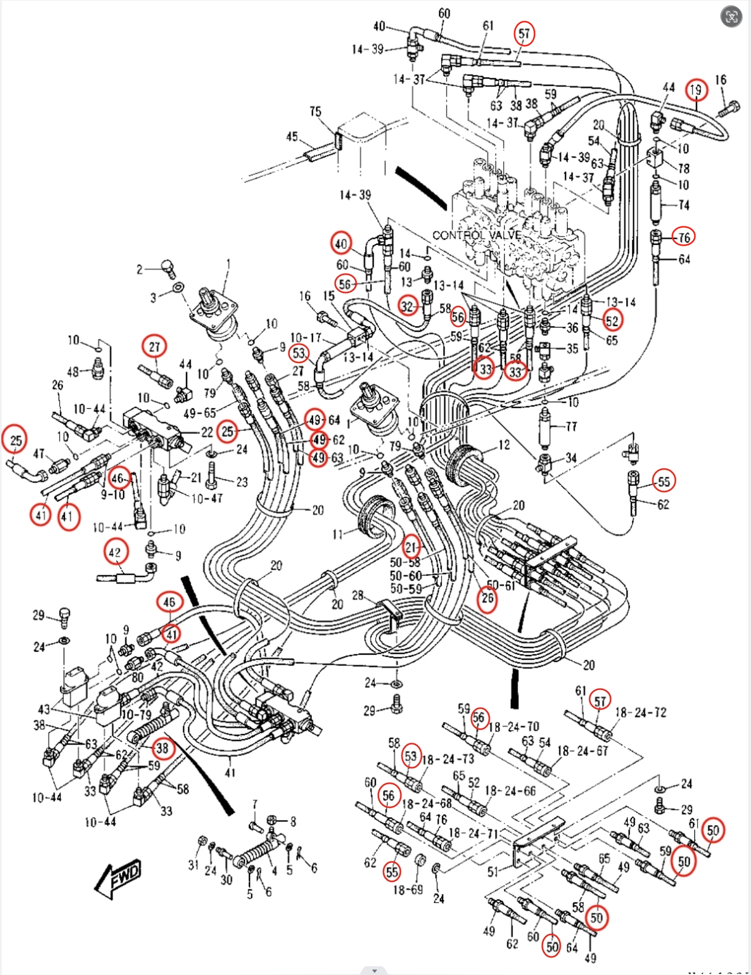 Caterpillar CAT®307-A installation diagram showing hydraulic hose 108-7139 at Pipe No. 55