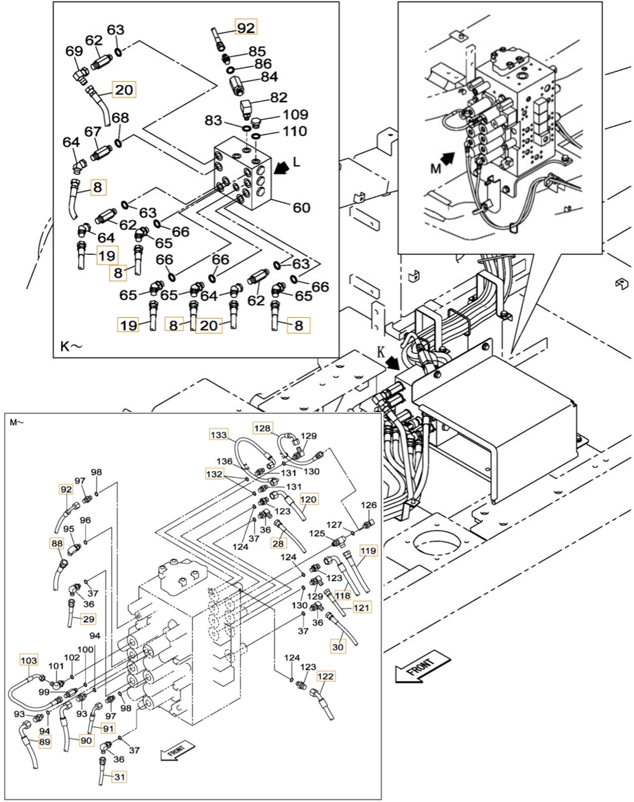 Case CX370B installation diagram showing hydraulic hose KHJ1387 at Pipe No. 103