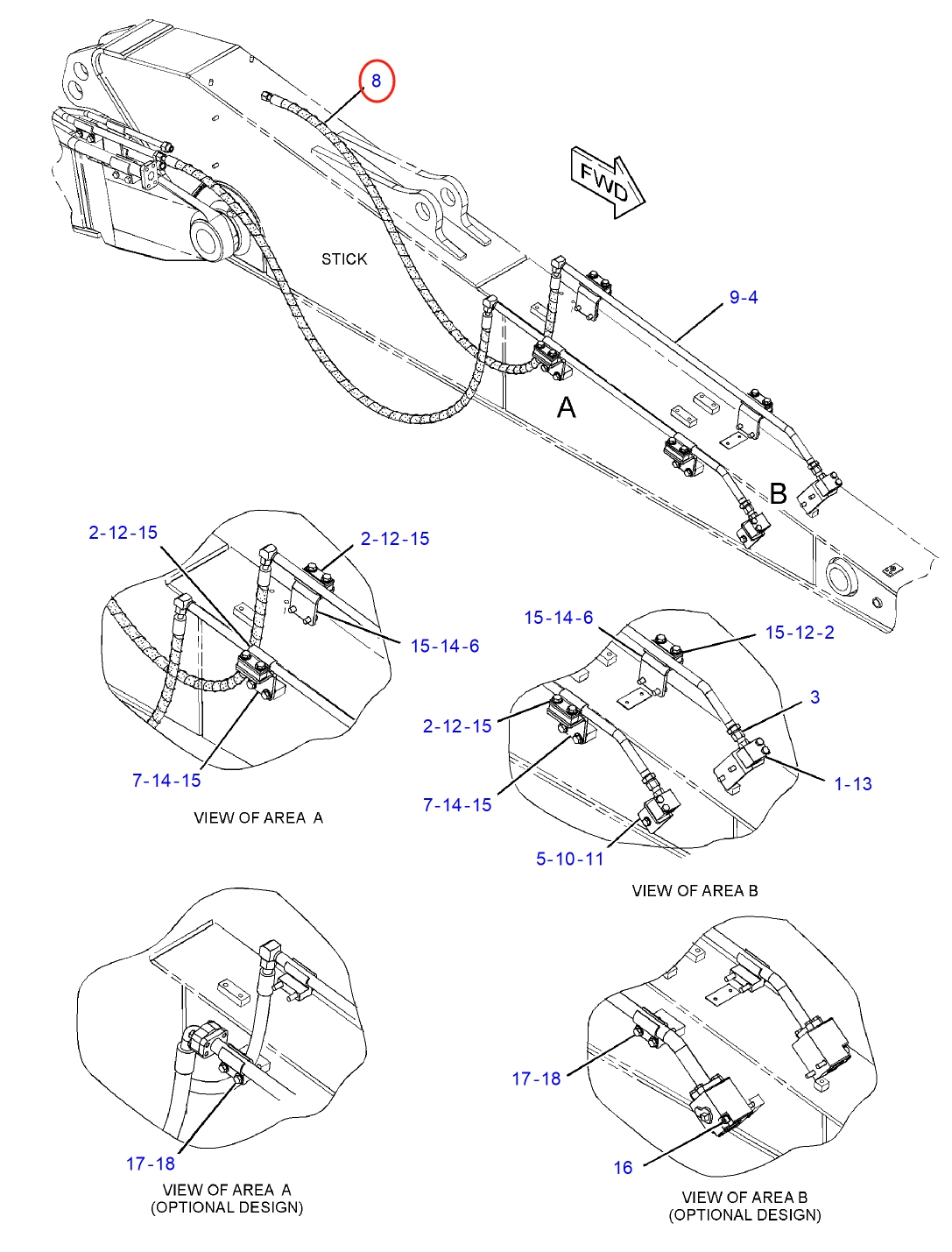 Caterpillar CAT®312F GC installation diagram showing hydraulic hose 288-7709 at Pipe No. 8