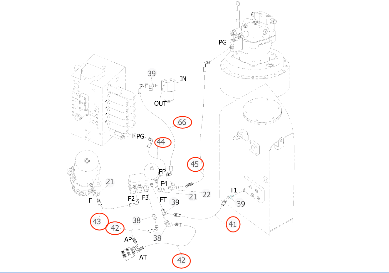 Sunward SWE135E-3H installation diagram showing hydraulic hose 730501001304 at Pipe No. 42