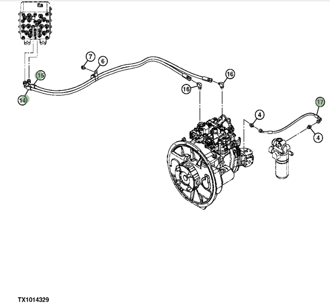 Hitachi ZX290F-3 installation diagram showing hydraulic hose 4639671 at Pipe No. 14