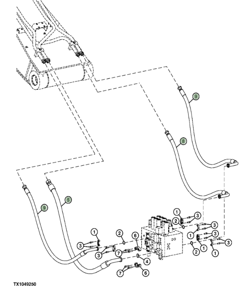 Hitachi ZXS370F-3 installation diagram showing hydraulic hose 9263974 at Pipe No. 9