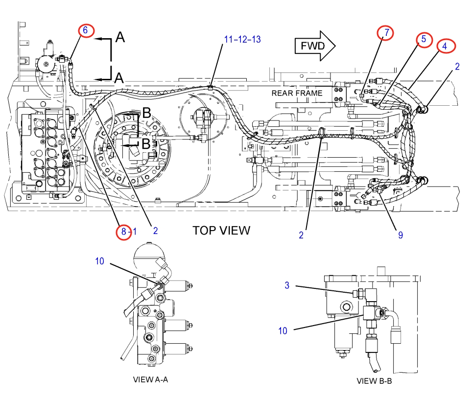 Caterpillar CAT®318F installation diagram showing hydraulic hose 353-0687 at Pipe No. 8