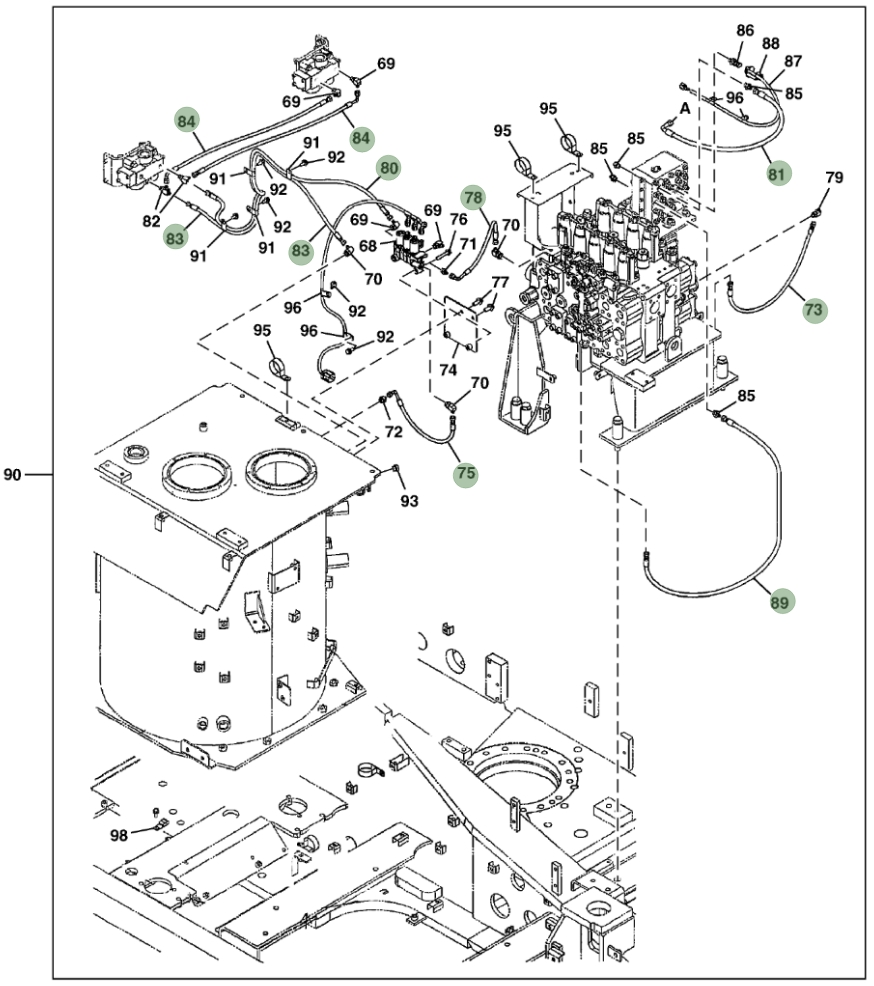Hitachi ZX470LC-5B installation diagram showing hydraulic hose 4451224 at Pipe No. 80