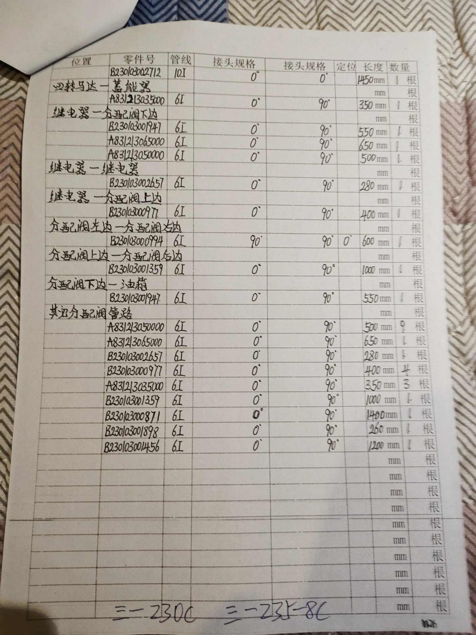SANY 235-88C hydraulic hose part numbers and recorded lengths — technician notebook page 4 of 4 — recorded hose parts A831213035000, A83123050000, A8323065000