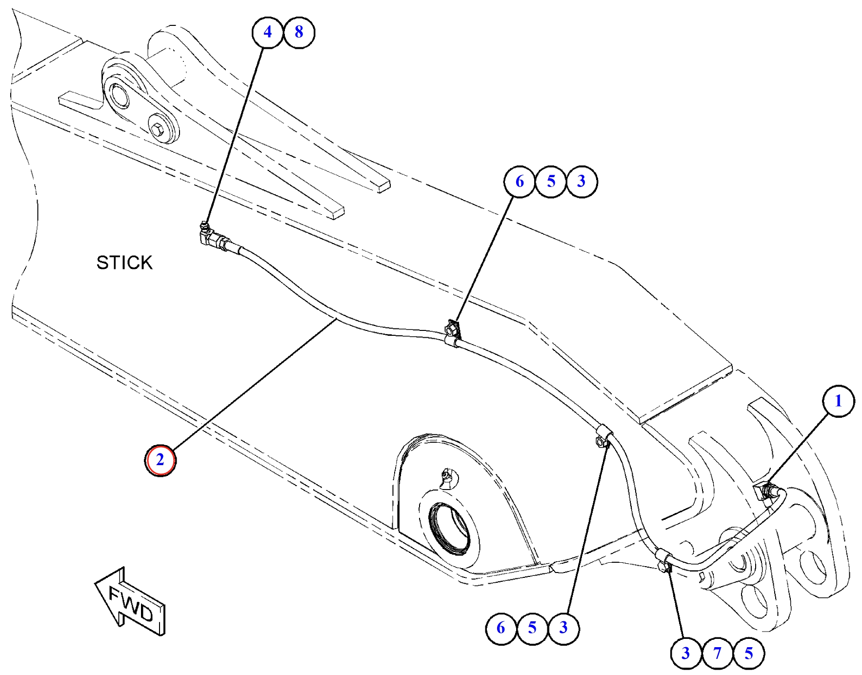 Caterpillar CAT®313F L installation diagram showing hydraulic hose 203-7400 at Pipe No. 2
