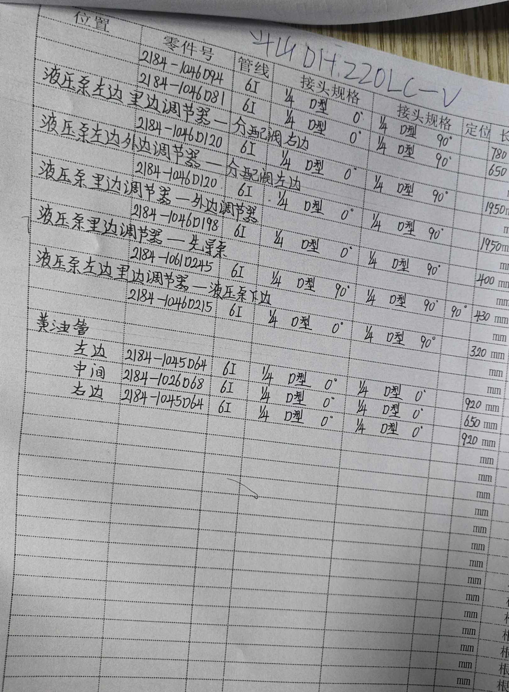 Doosan DH220LC-V hydraulic hose part numbers and recorded lengths — technician notebook page 5 of 5
