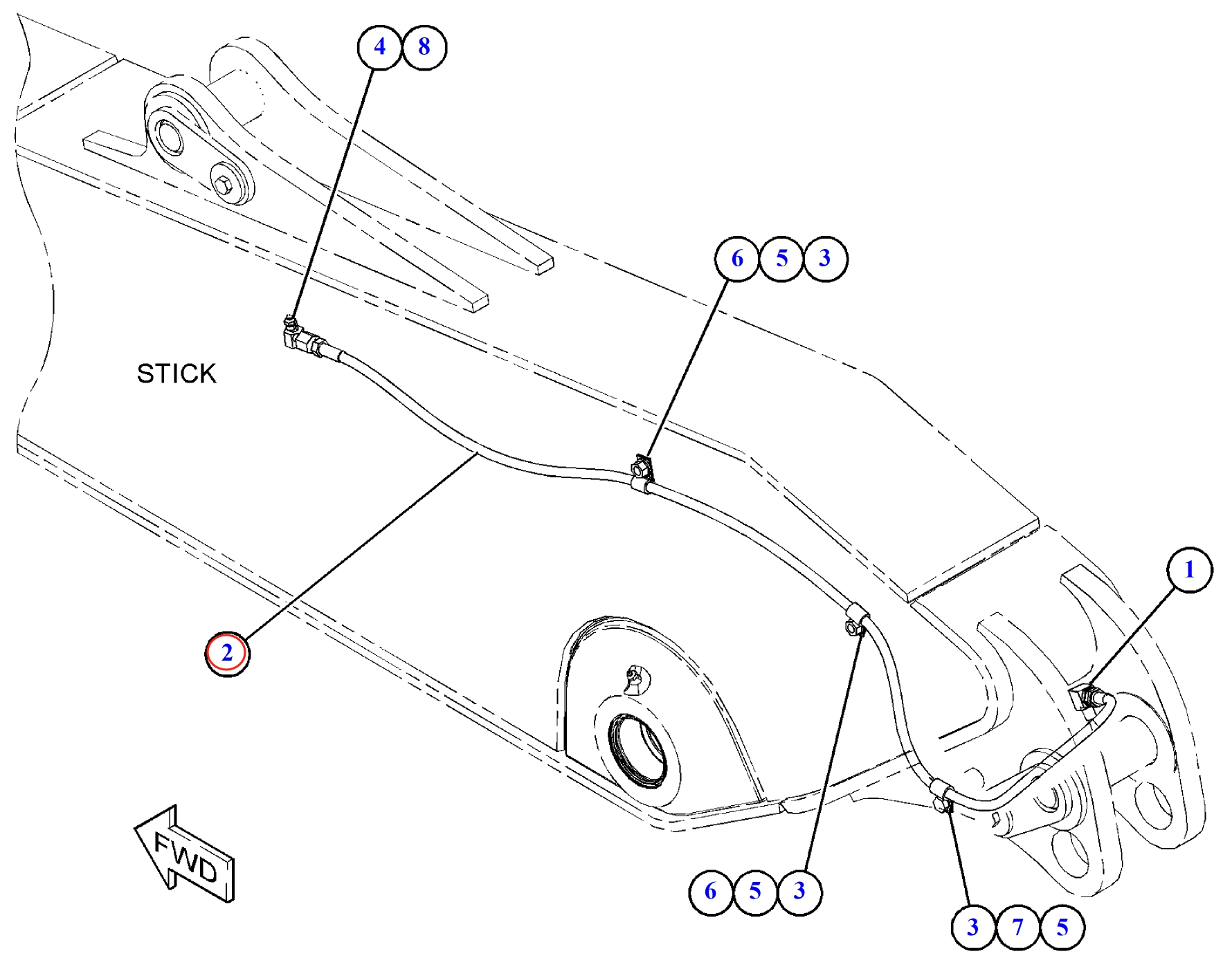 Caterpillar CAT®312E L installation diagram showing hydraulic hose 108-9097 at Pipe No. 2