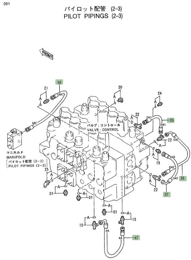 Hitachi EX400LC-3 installation diagram showing hydraulic hose 4366747 at Pipe No. 56