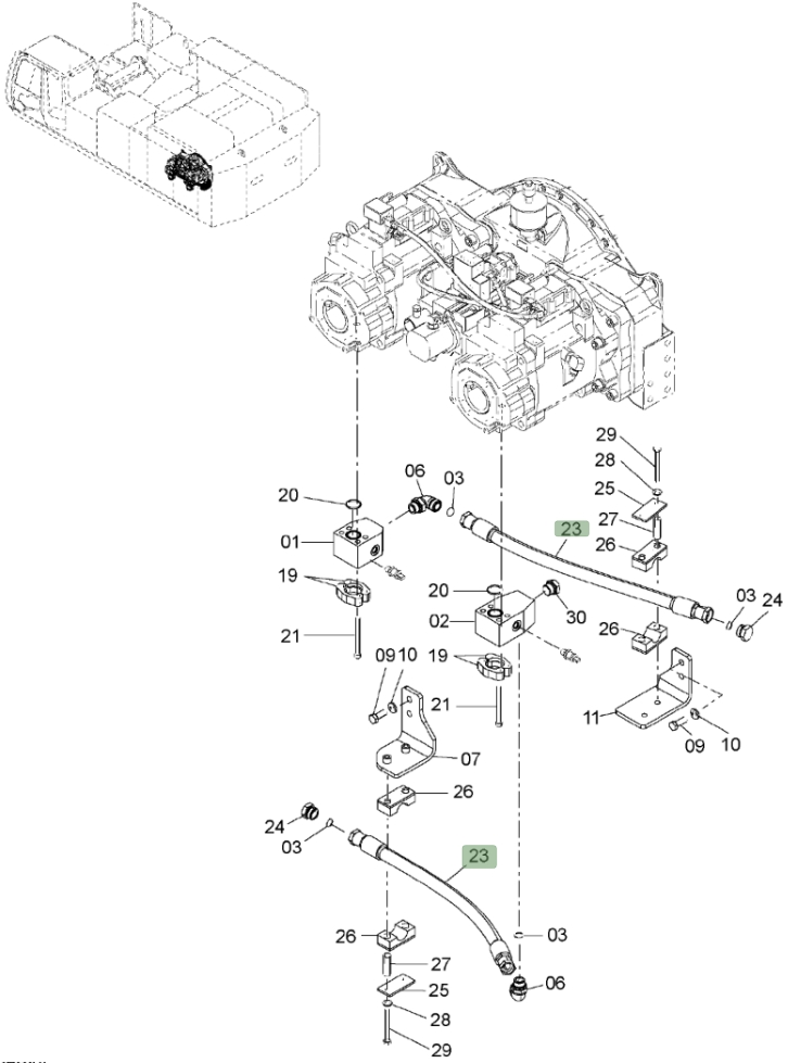 Hitachi ZX850LC-3 installation diagram showing hydraulic hose 4701250 at Pipe No. 23