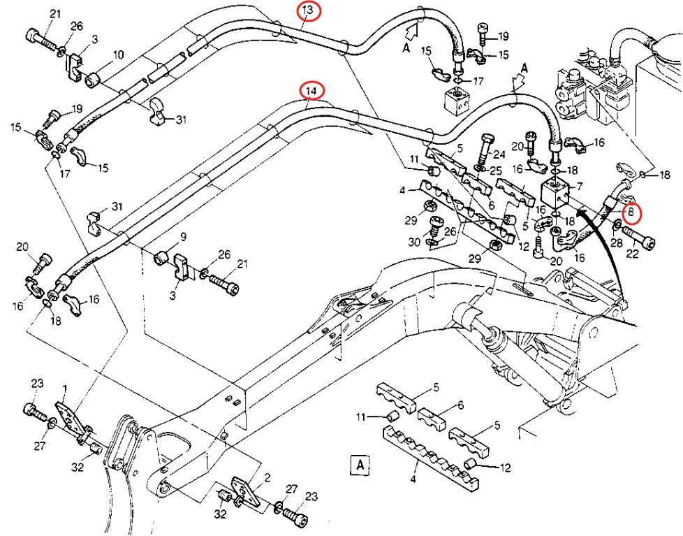 Caterpillar CAT®214B FT installation diagram showing hydraulic hose 8U-0887 at Pipe No. 14
