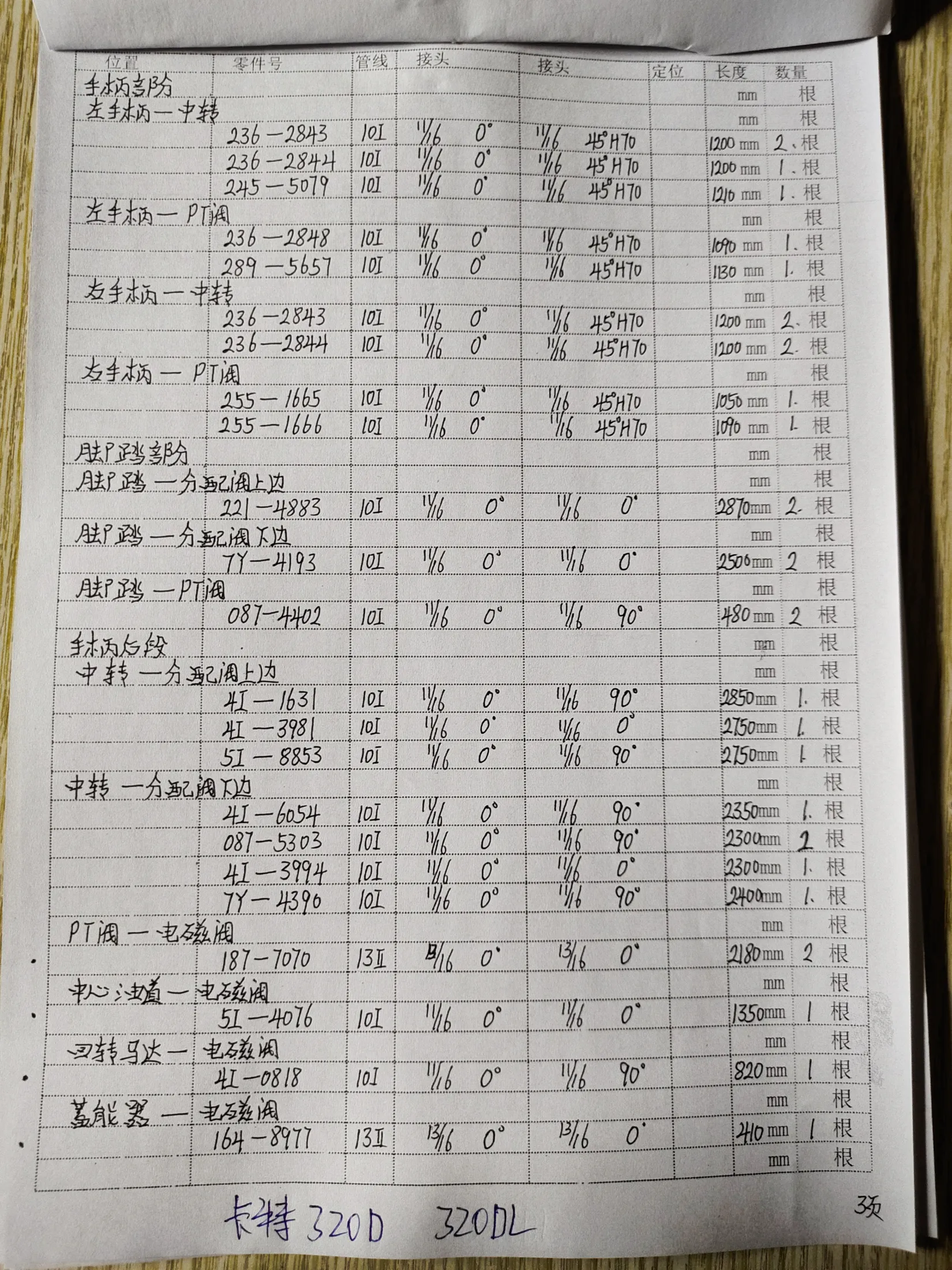 Caterpillar 320D hydraulic hose part numbers and recorded lengths — technician notebook page 3 of 5 — recorded hose parts 4I-0818, 4I-3981, I-1631