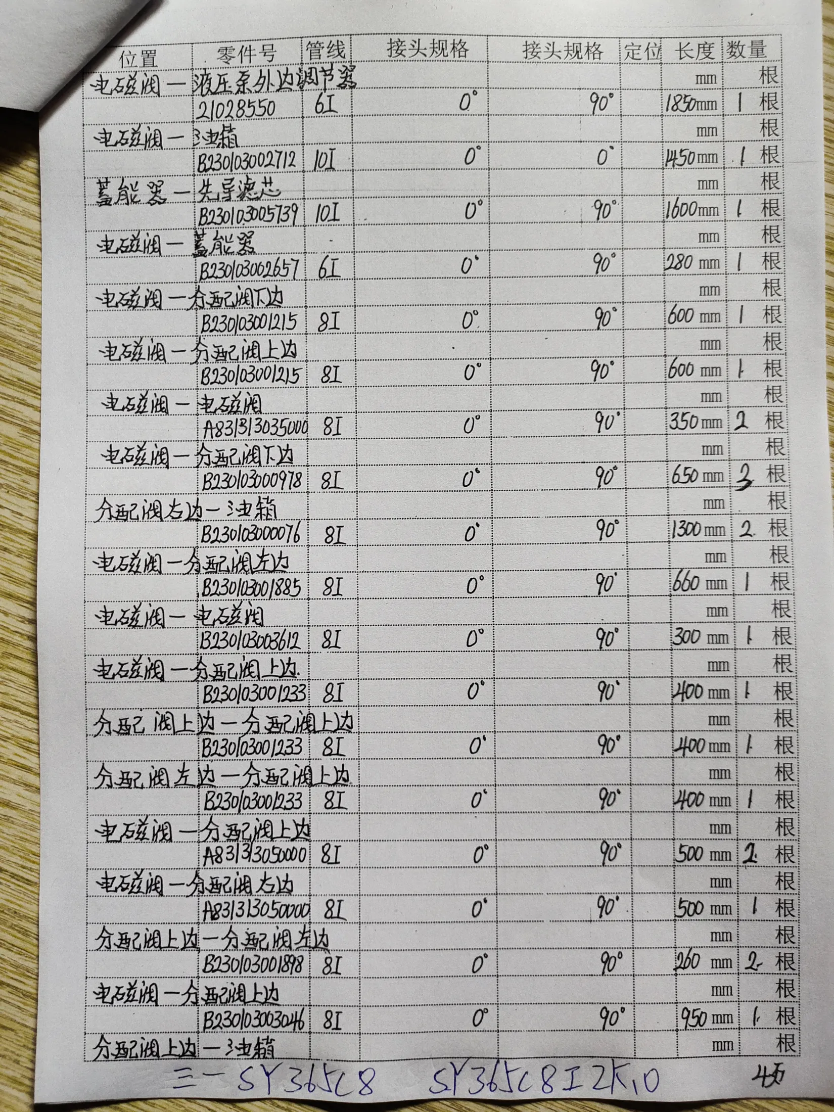SANY SY365C8 hydraulic hose part numbers and recorded lengths — technician notebook page 4 of 5 — recorded hose parts A8313130500008I, A83330350008I, A83330500008