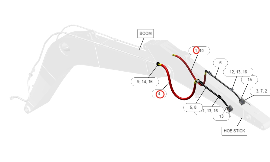 Caterpillar CAT®316F installation diagram showing hydraulic hose 4I-5556 at Pipe No. 1