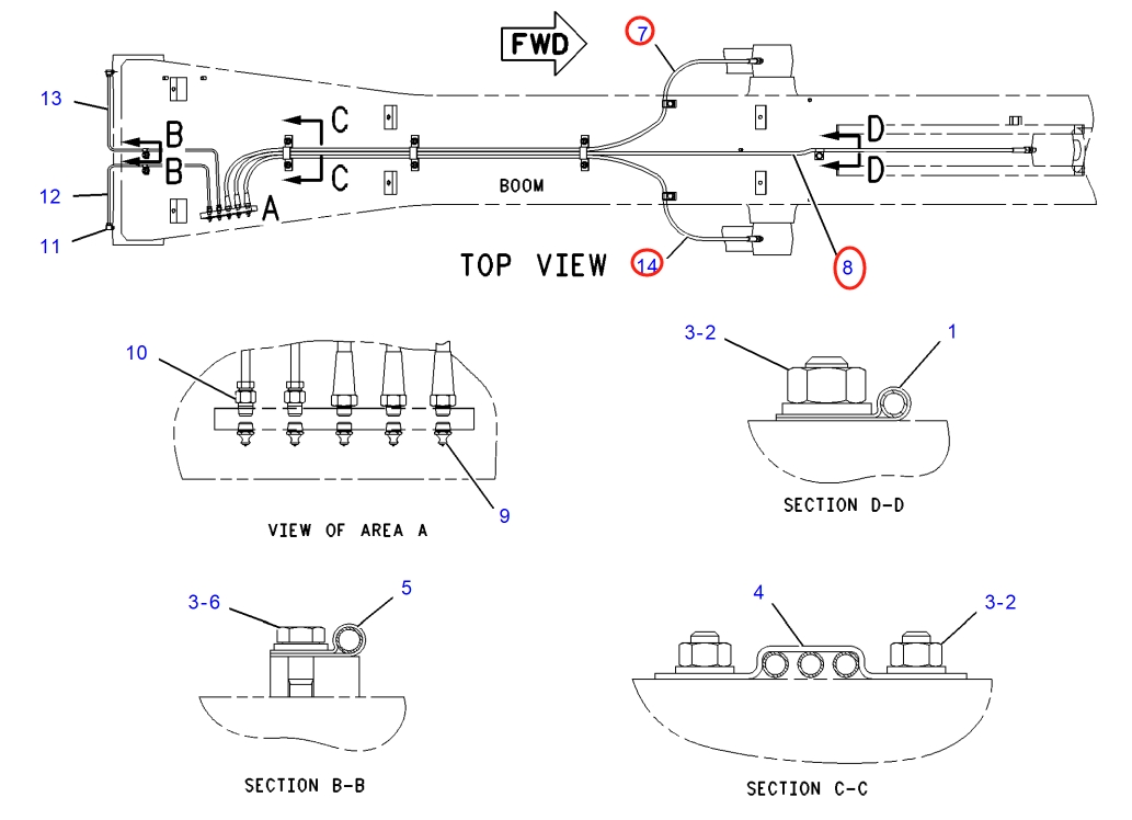Caterpillar CAT®317B LN installation diagram showing hydraulic hose 120-7225 at Pipe No. 14