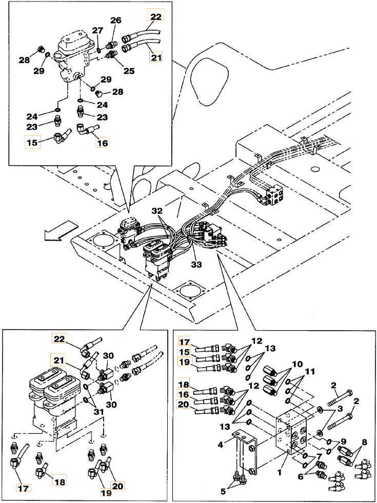 Case CX290B installation diagram showing hydraulic hose KHJ2180 at Pipe No. 21