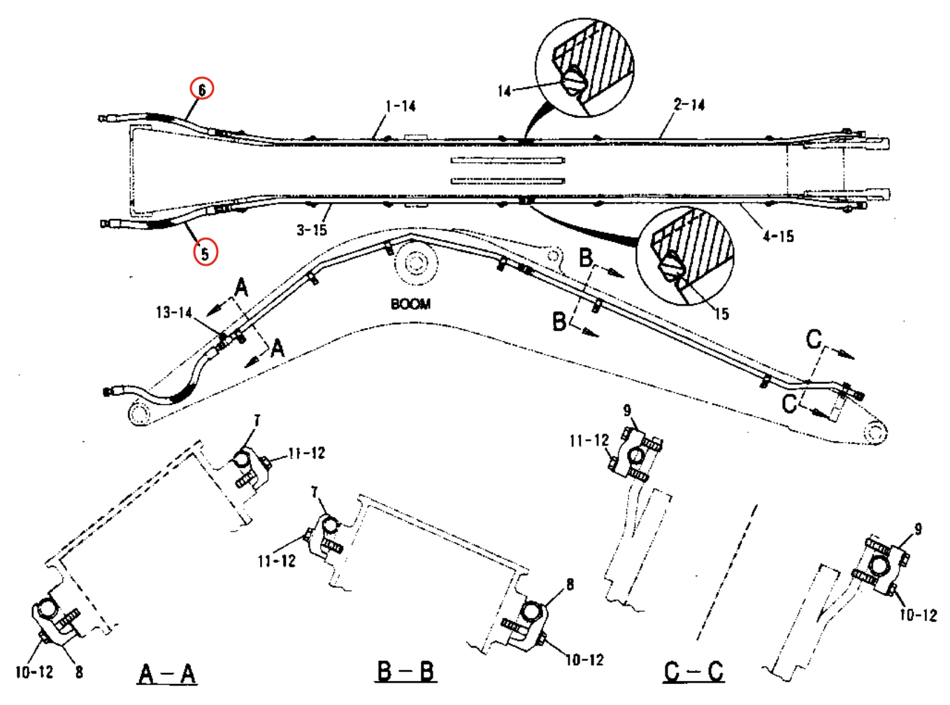 Caterpillar CAT®312B installation diagram showing hydraulic hose 132-1572 at Pipe No. 5