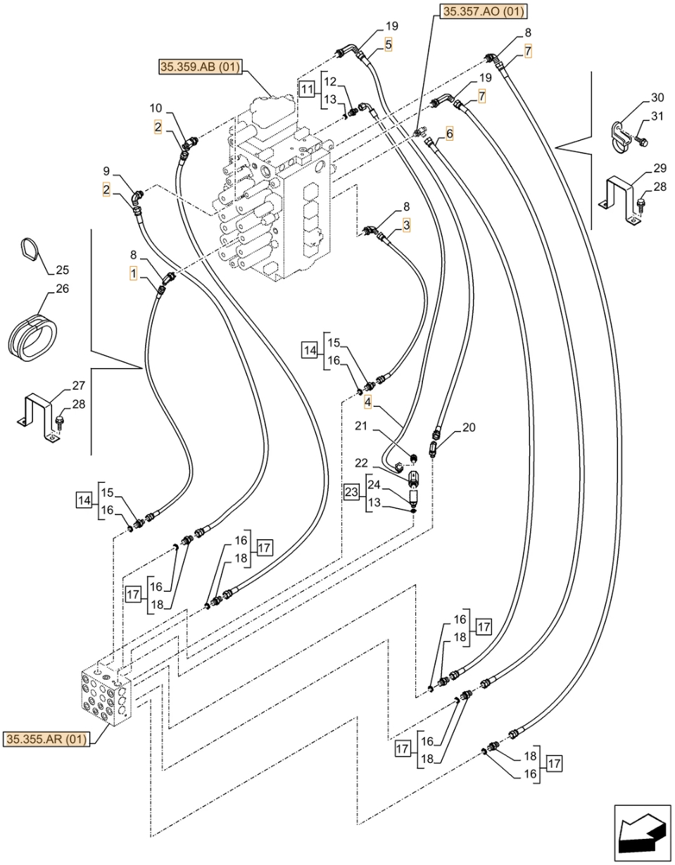 Case CX370D LC installation diagram showing hydraulic hose KHJ23680 at Pipe No. 7