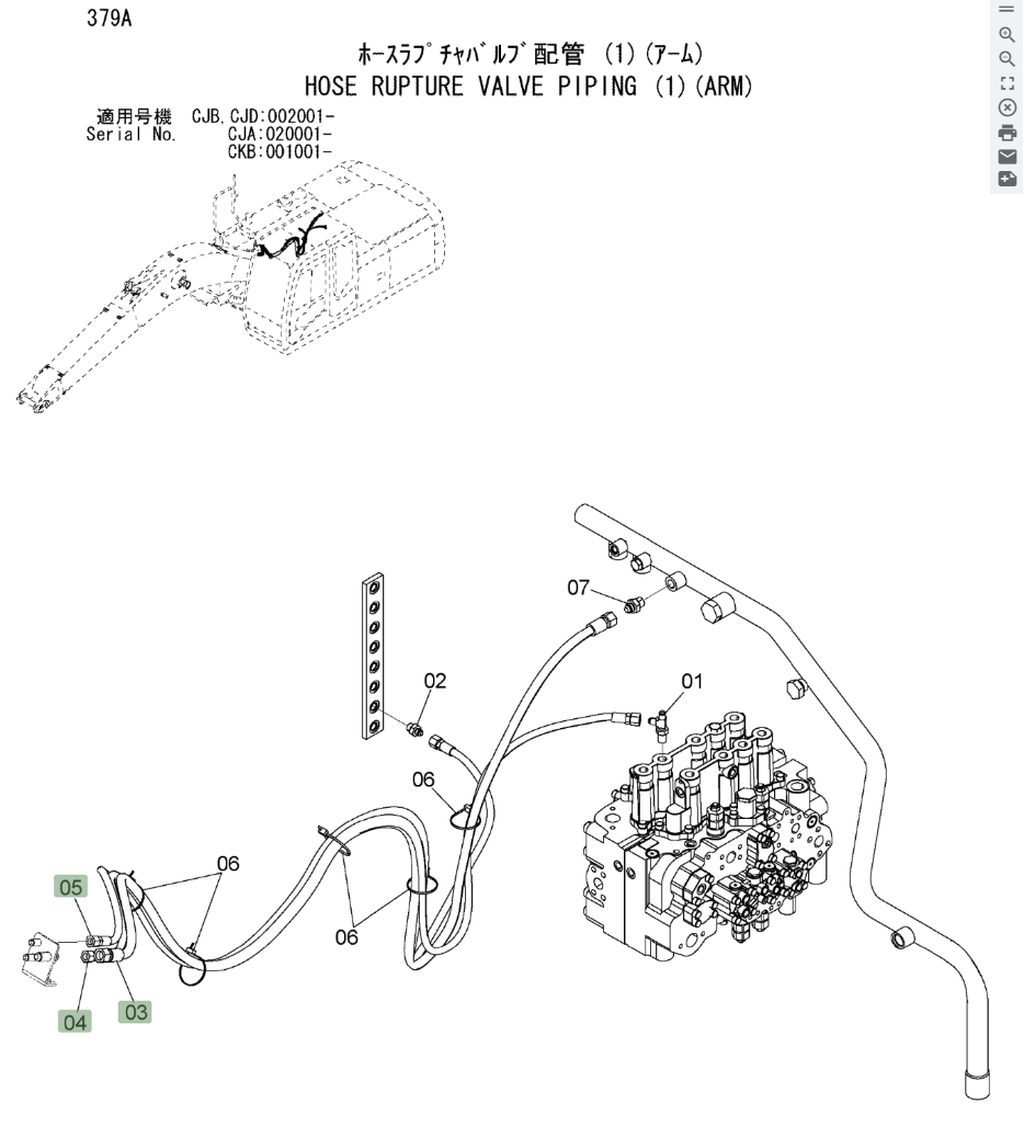 Hitachi ZX220W-3 installation diagram showing hydraulic hose 4677419 at Pipe No. 5A