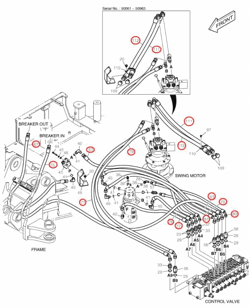 Doosan DX80R installation diagram showing hydraulic hose DS2090095 at Pipe No. 70