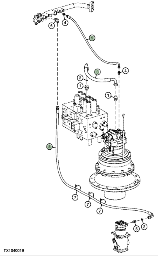 Hitachi ZX210F-3 installation diagram showing hydraulic hose 4360873 at Pipe No. 9