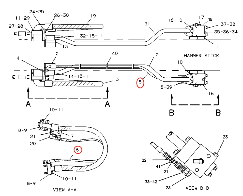 Caterpillar CAT®215C installation diagram showing hydraulic hose 2V-8299 at Pipe No. 6