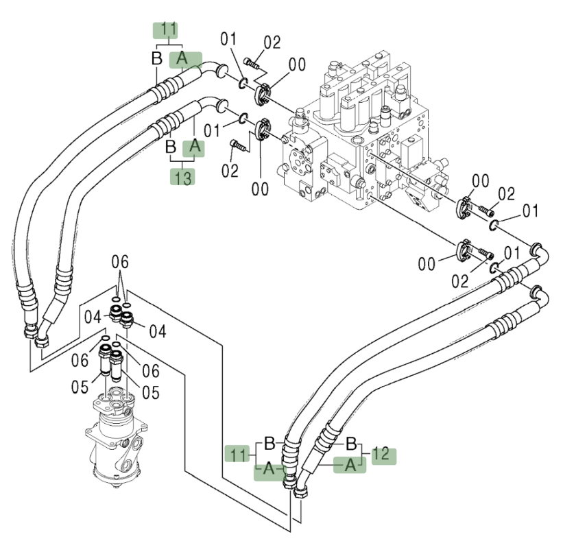 Hitachi ZX370 installation diagram showing hydraulic hose 9163647 at Pipe No. 11