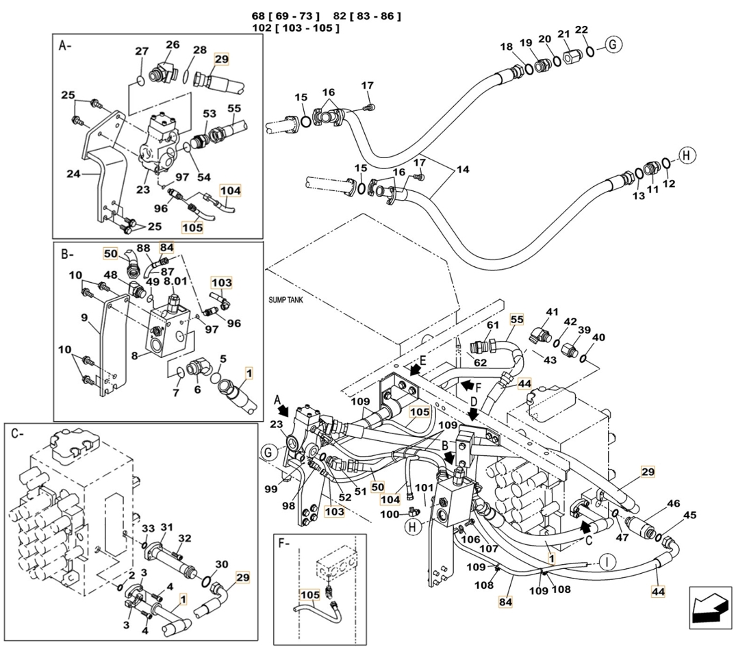 Case CX300C LC installation diagram showing hydraulic hose KHJ2088 at Pipe No. 103