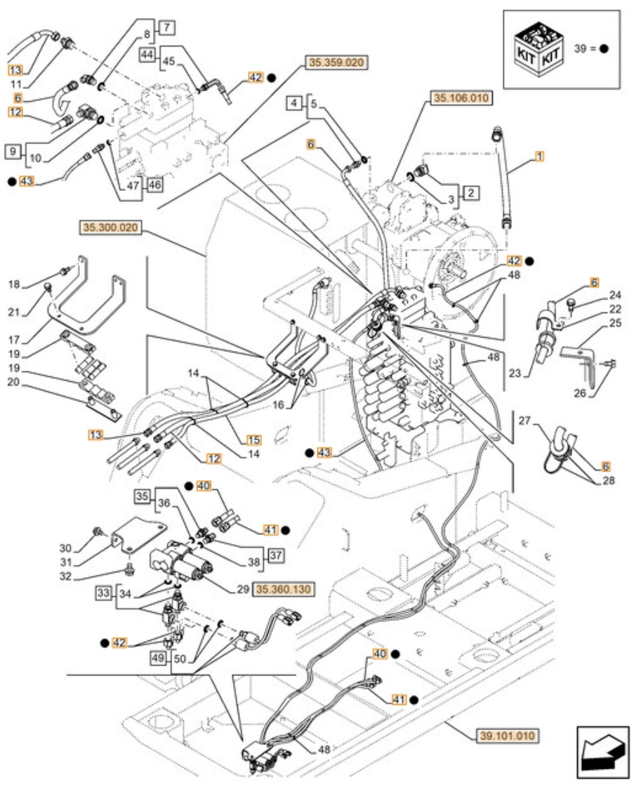 Case CX380D LC installation diagram showing hydraulic hose KHJ2088 at Pipe No. 41