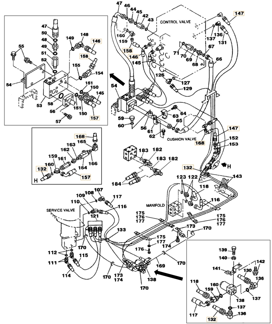 Case CX210 installation diagram showing hydraulic hose 159019A1 at Pipe No. 146
